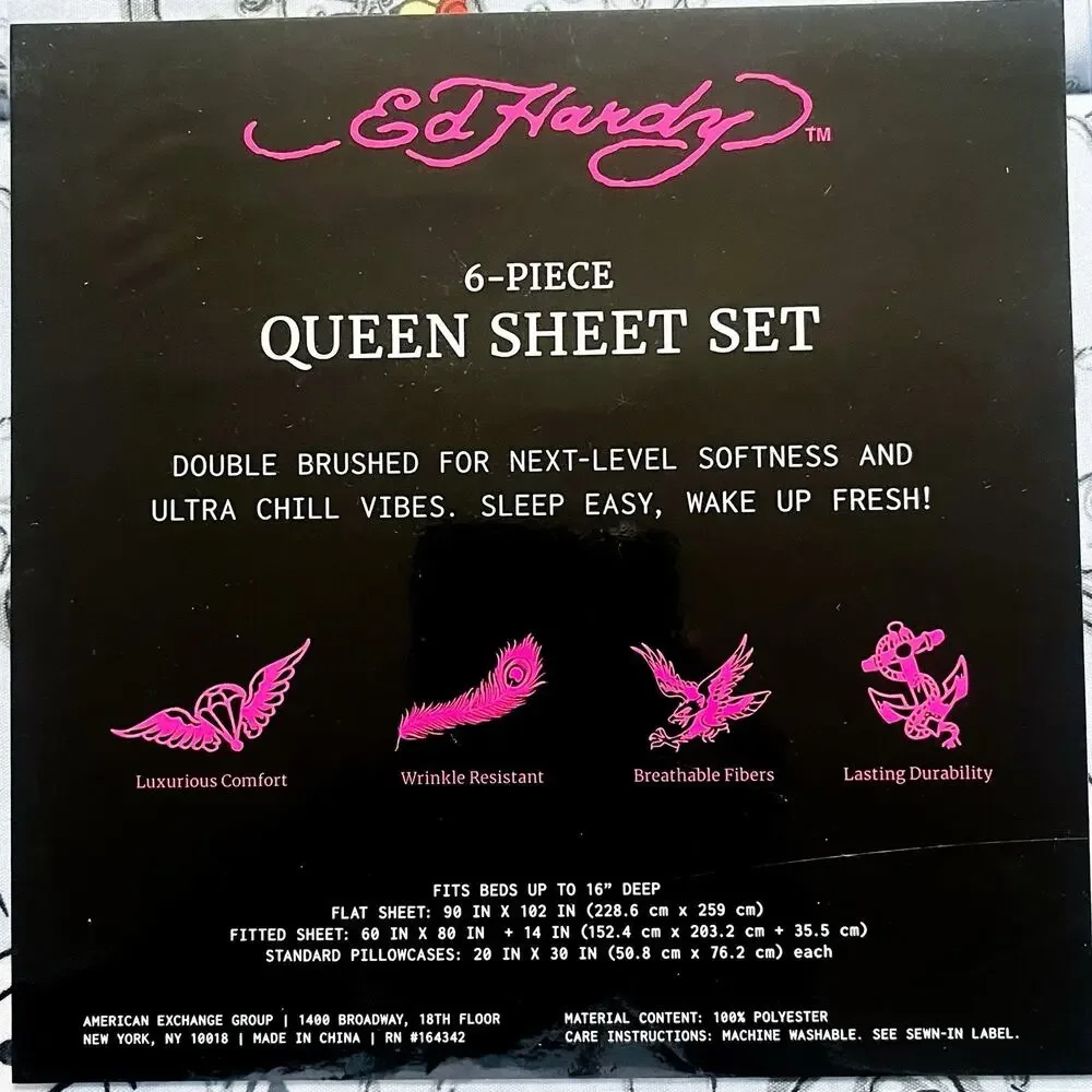 NEW Ed Hardy 6 Piece Sheet Set Extra Pillowcases - Blue Skulls Cards, Queen Size
